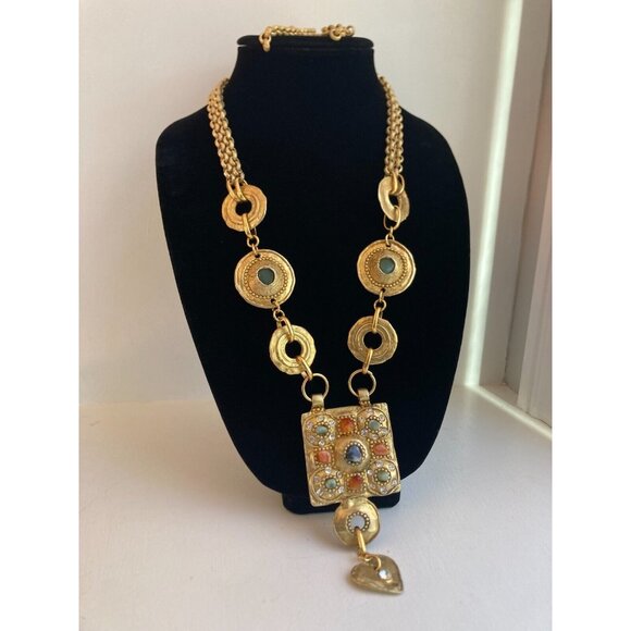 Vintage CLAIRE DEVE Gold Metal Double Chain Etruscan Statement Runway Necklace - Picture 1 of 16